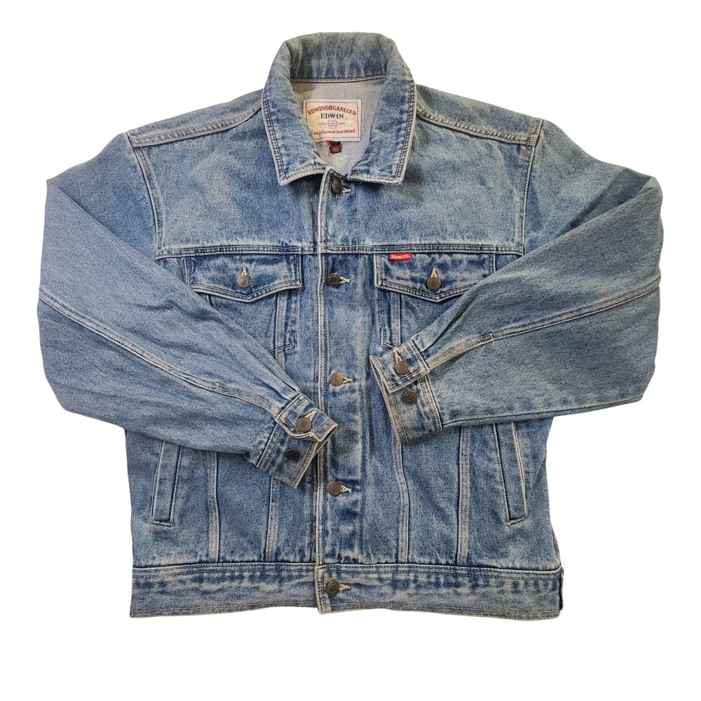 Edwin Edwinorganized Mens Light Wash Denim Trucker Jacket Size 95 Blue Vintage